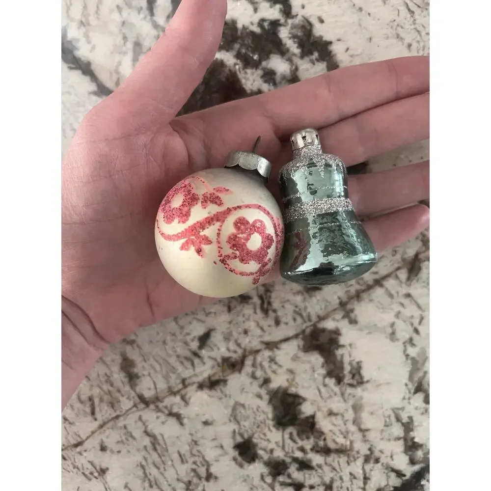 Vintage Mercury Glass Globe And Bell Christmas Ornaments Stenciled 1950s RARE